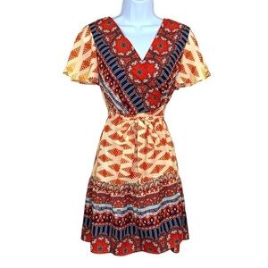 NEW Orange Boho Multicolored Print Wrap Dress  Belted Short Sleeve Small